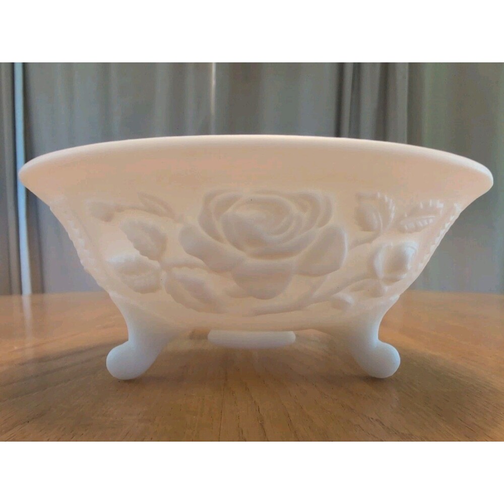 Imperial Frosted White Milk Glass Footed Bowl Rose Pattern Cottage Core